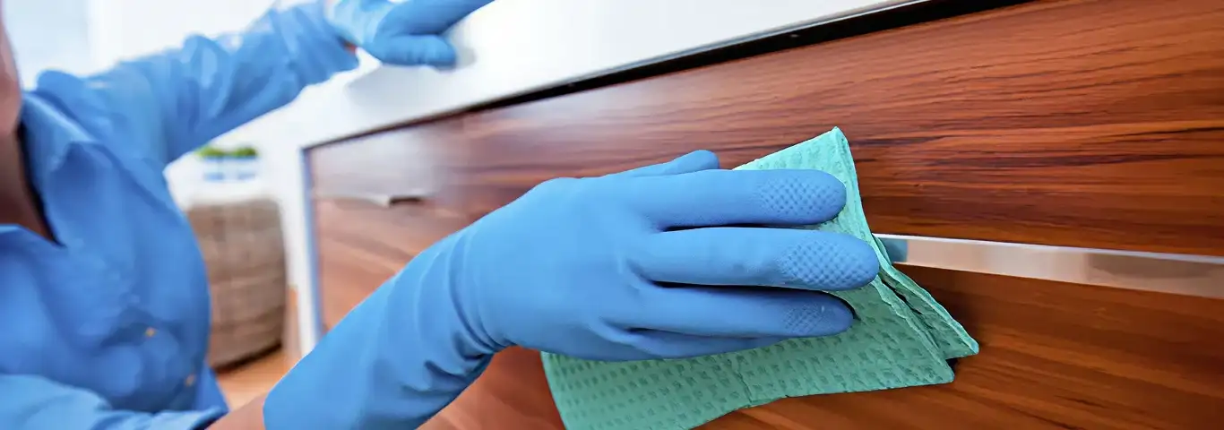 Cleaner wearing blue gloves wiping a wooden cabinet drawer with a microfiber cloth for dust and grime removal, Boulder, CO.