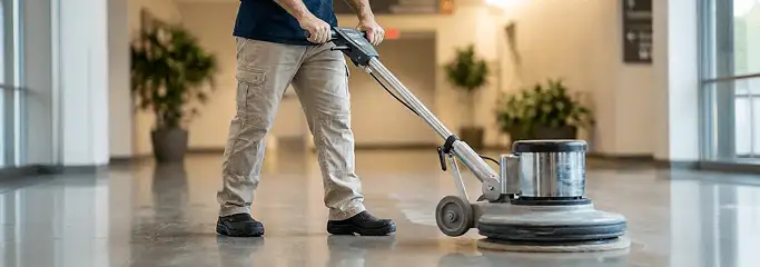 Professional technician using an industrial floor buffer to polish and maintain shiny commercial flooring in a corporate hallway in Boulder, CO.