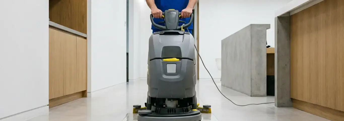 Janitorial staff using a floor scrubber machine to clean a commercial hallway, Boulder, CO.