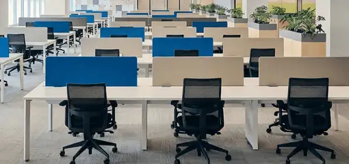 Modern open-plan office space featuring clean workstations, ergonomic chairs, and sanitized carpets provided by professional office cleaning services in Boulder, CO.