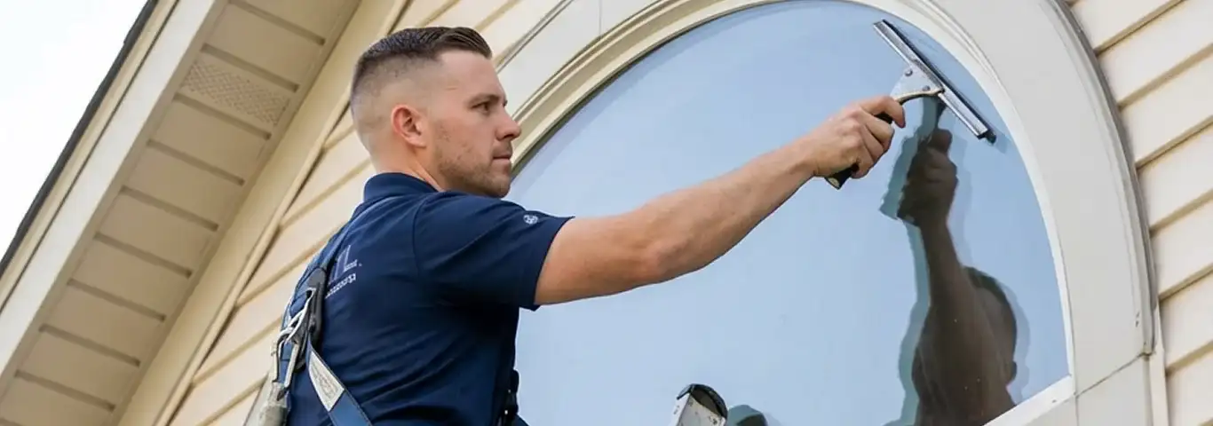 Professional window cleaner using a squeegee to clean an exterior arched window on a home, Boulder, CO.