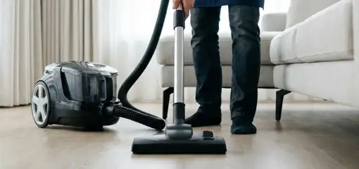 Professional house cleaner vacuuming a living room floor with a canister vacuum cleaner, Boulder, CO.