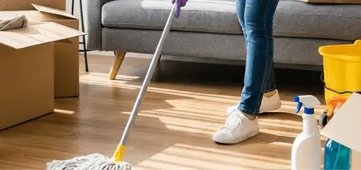 Move-out cleaning setup with a cleaner mopping hardwood floors near moving boxes and cleaning supplies, Boulder, CO.