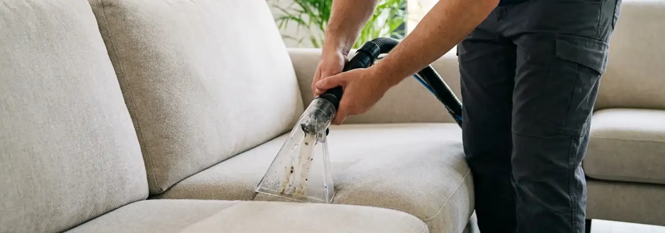 Technician extracting dirt and moisture from a fabric sofa with an upholstery cleaning wand, Boulder, CO.