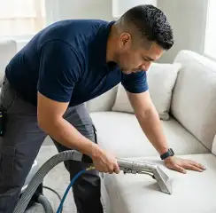 Professional upholstery cleaning technician using an extraction wand to deep-clean a fabric sofa, Boulder, CO.