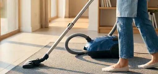 Person vacuuming a living room rug with a canister vacuum cleaner near large windows, Boulder, CO.